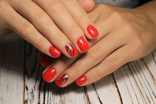 Mooie Rode Manicure Van Nagels Achtergrond Van Modieuze Textuur — Stockfoto