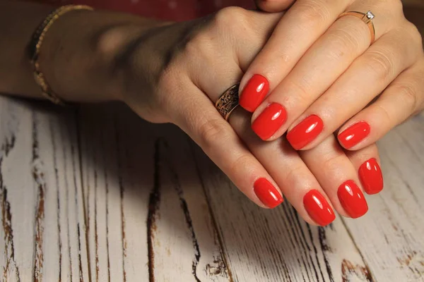 Fashionable Red Manicure Long Beautiful Nails — Stock Photo, Image