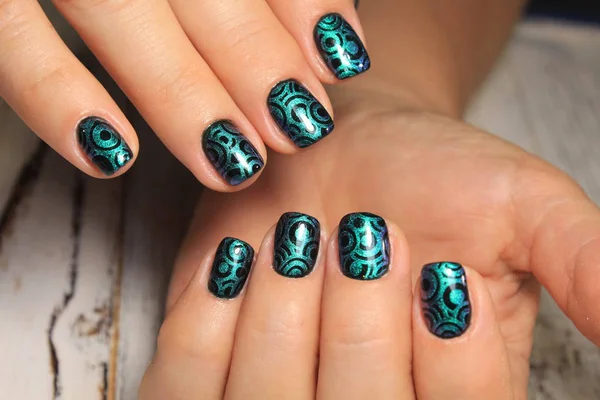 Mooie Groene Manicure Achtergrond Van Een Trendy Textuur — Stockfoto