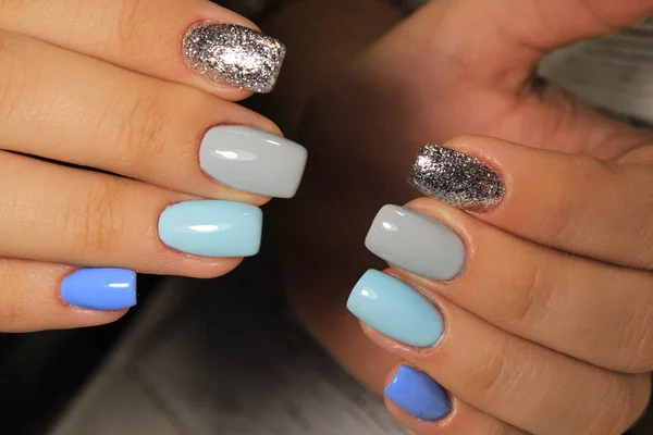 Manicura Moda Azul Las Uñas Sobre Fondo Hermoso Textural — Foto de Stock