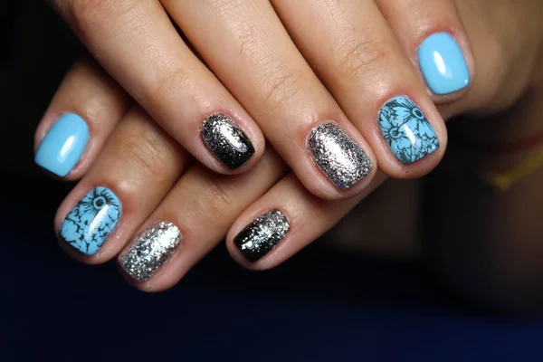 Trendy Blauwe Manicure Van Nagels Een Mooie Textuur Achtergrond — Stockfoto