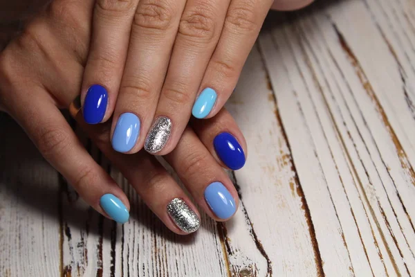 Belle Manucure Bleue Des Ongles Sur Fond Texture Mode — Photo