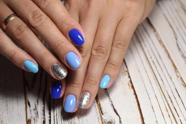 Mooie Blauwe Manicure Een Mooie Textuur Achtergrond — Stockfoto