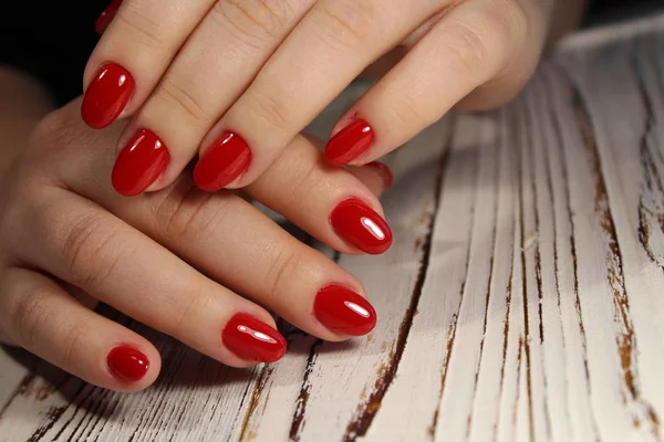 Trendy Rode Manicure Vrouwelijke Handen Lange Nagels — Stockfoto