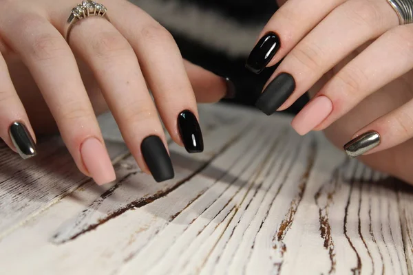 Beautiful Long Nails Color Black Pink Silver — Stock Photo, Image