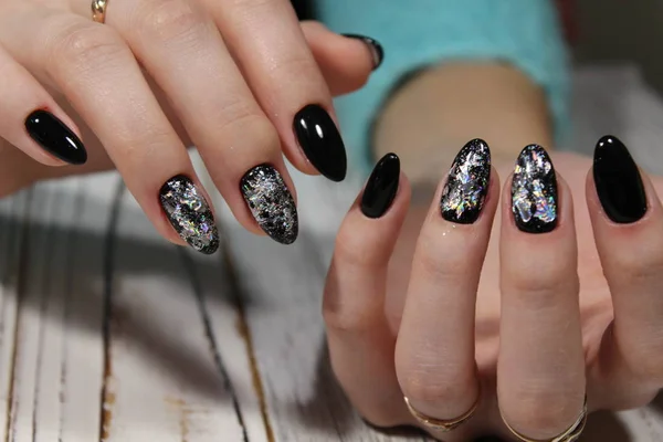 Stijlvolle Manicure Nagels Kleur Zwart Zilver — Stockfoto