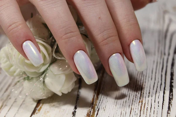 Mooie Parel Manicure Witte Nagels Textuur Achtergrond — Stockfoto