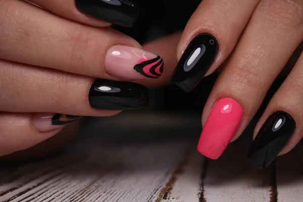 Beautiful nail design on female hands on background. — Stock Photo, Image