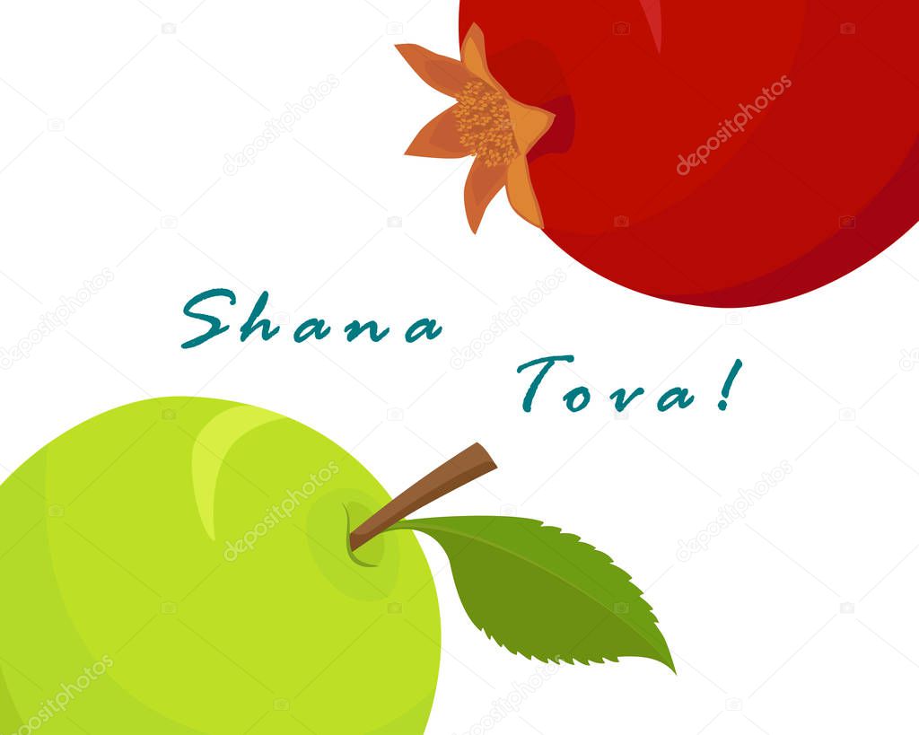 Greeting card for Jewish New Year Rosh Hashanah with traditional holiday symbols apple and pomegranate and greeting inscription - Happy New Year