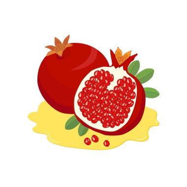 Rosh Hashanah, Bütün nar meyve ile tebrik kartı ve yarım nar tatlım, beyaz arka plan üzerinde izole tarihinde Yahudi tatil