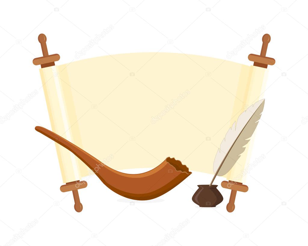 Scroll with space for text, shofar, quill and inkwell, isolated on white background