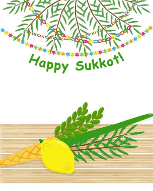 Dört tür, etrog, lulav, hadass ve aravah, Yahudi tatil Sukkot ahşap masa, sembollerin yazıt tebrik çelenk ile hurma dalları
