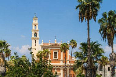 St. Peter Kilise, çan kulesi ve Saint Peter Kilisesi, Tel Aviv Yaffo, İsrail eski Yafa'da Fransisken kilisesi cephe görünümü