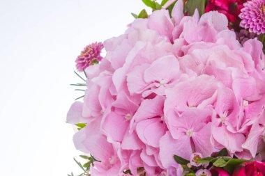 Taze çiçekler, beyaz arka plan parlak buketny kompozisyon