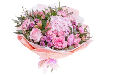 Taze çiçekler, beyaz arka plan parlak buketny kompozisyon