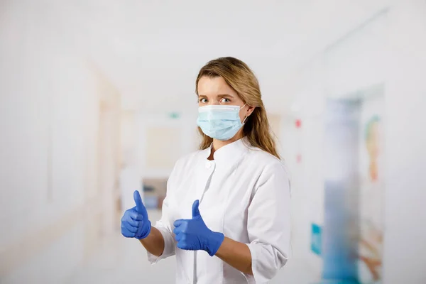 Woman Medical Gloves Face Mask Shows Her Fingers Top Says Stock Photo