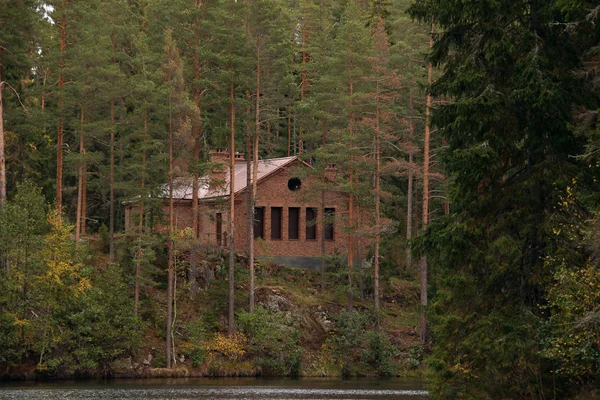 Bakstenen Huis Het Bos Een Heuvel Bij Rivier — Stockfoto