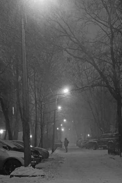 Ventisca Blanco Negro Calle Ciudad Por Noche Luz Farolas — Foto de Stock