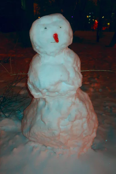 在院子里 在黑暗中带着胡萝卜鼻子的雪人 — 图库照片