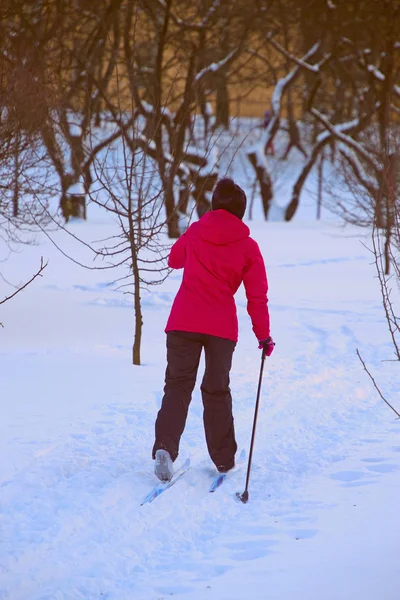 Woman Red Jacket Skiing Park Stock Photo