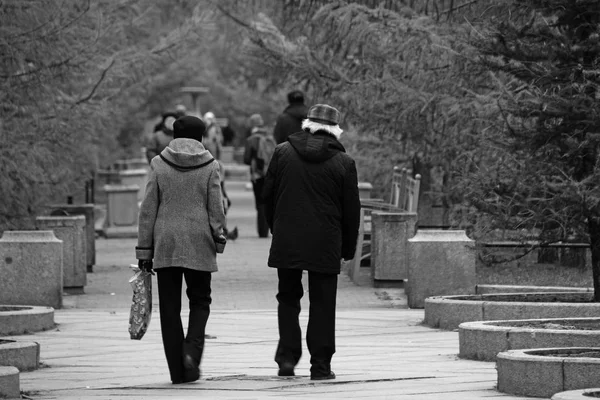 black and white elderly couple man and woman walk in the park