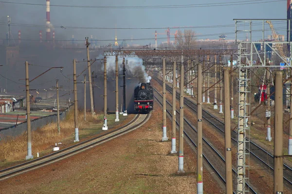 Vieux Train Vapeur Dans Des Nuages Fumée Roule Train — Photo