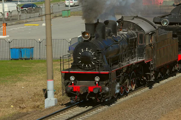 Treno Vapore Retrò Nuvole Fumo Cavallo Lungo Ferrovia Rotolamento Turisti — Foto Stock