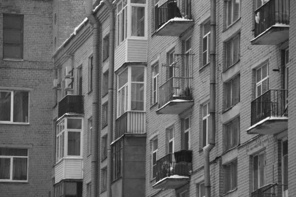 Black White Brick House Walls Windows Balconies — Stock Photo, Image