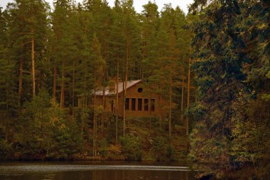 Nehrin yanında bir tepe üzerinde ormandaki tuğla ev