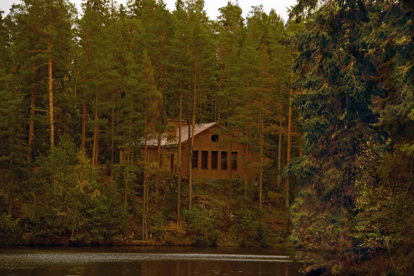 Nehrin yanında bir tepe üzerinde ormandaki tuğla ev