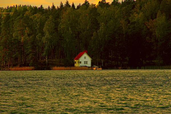 Maison Chasse Bord Lac Forestier Automne — Photo