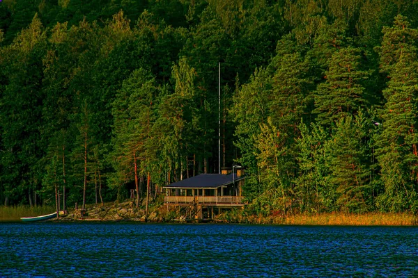 Chalet Avec Une Jetée Dans Forêt Bord Lac — Photo