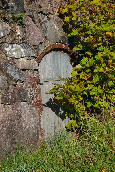 Porta Madeira Antiga Uma Parede Pedra Com Uma Passagem Coberta — Fotografia de Stock