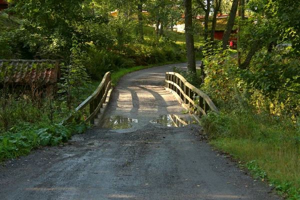 Drewniany Most Nad Strumieniem Kałuże Deszczu — Zdjęcie stockowe