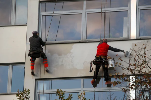 Dos Escaladores Industriales Pintan Fachada Una Casa Colgada Cuerdas —  Fotos de Stock