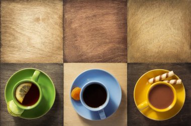 fincan kahve, çay ve kakao ahşap arka plan