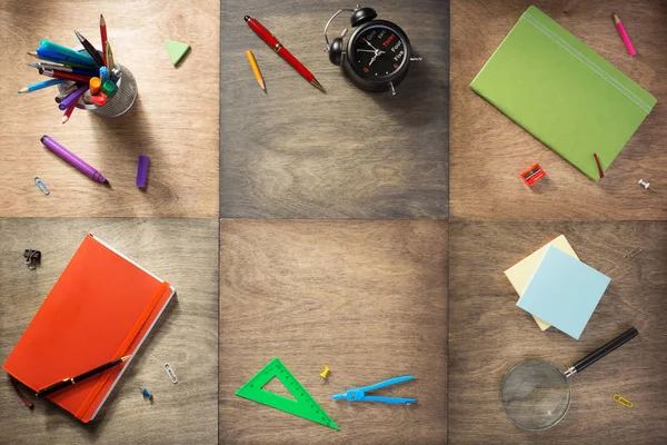 Schoolbenodigdheden Accessoires Bij Houten Achtergrond — Stockfoto