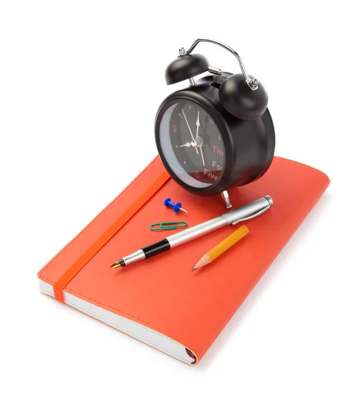 Notebooks Alarm Clock Isolated White Background — Stock Photo, Image