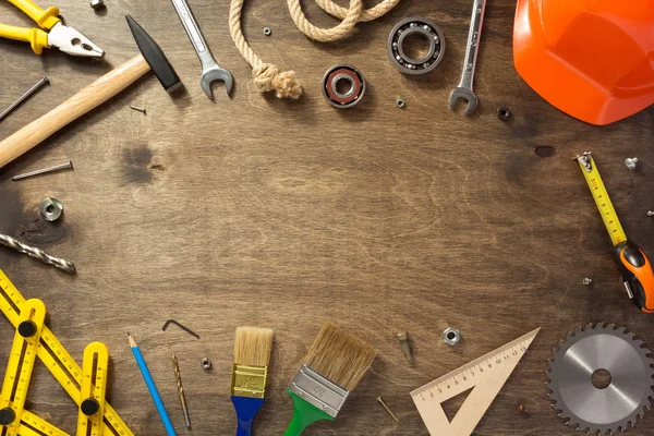 Set Tools Instruments Wooden Background — Stock Photo, Image