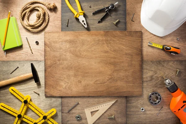 Set Van Tools Instrumenten Bij Houten Achtergrond — Stockfoto