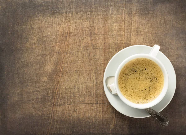 Kopje Koffie Houten Achtergrond Bovenaanzicht — Stockfoto