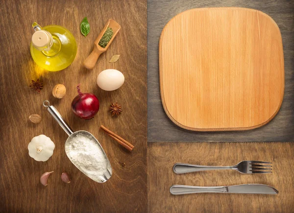 Ingrédients Alimentaires Épices Avec Planche Découper Table Bois Vue Dessus — Photo