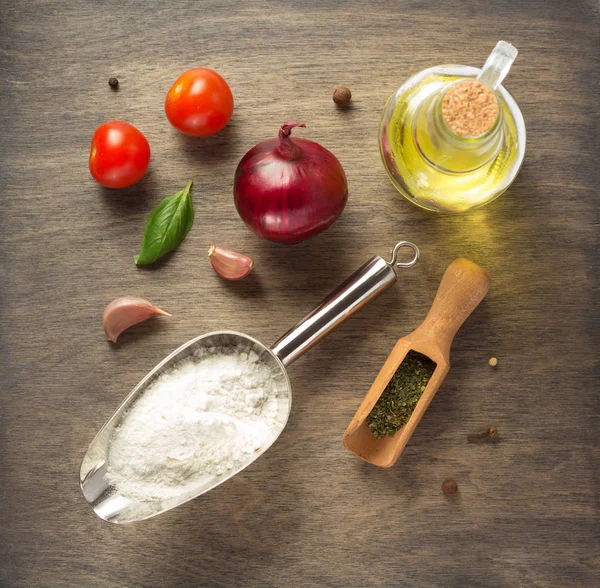 Lebensmittelzutaten Und Gewürze Holztisch Draufsicht — Stockfoto