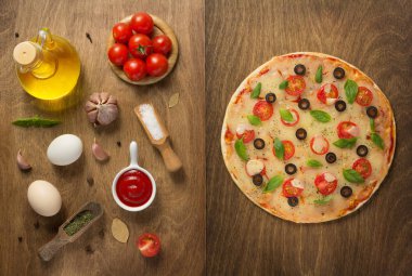 Margarita pizza maddeleri, besin malzemeleri ahşap masa, üstten görünüm