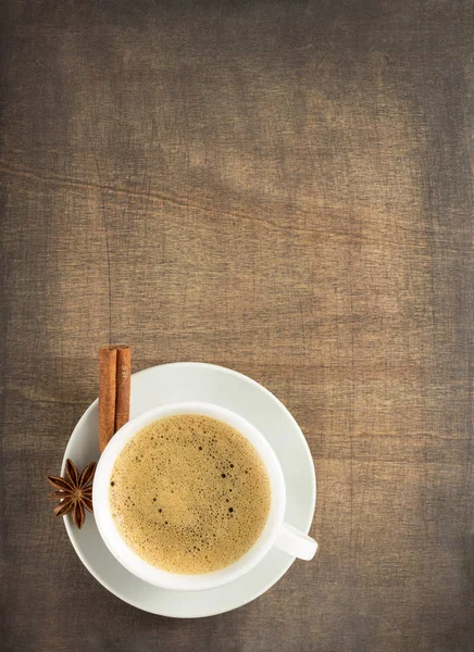 Cup Coffee Anise Cinnamon Stick Wooden Background Top View — Stock Photo, Image