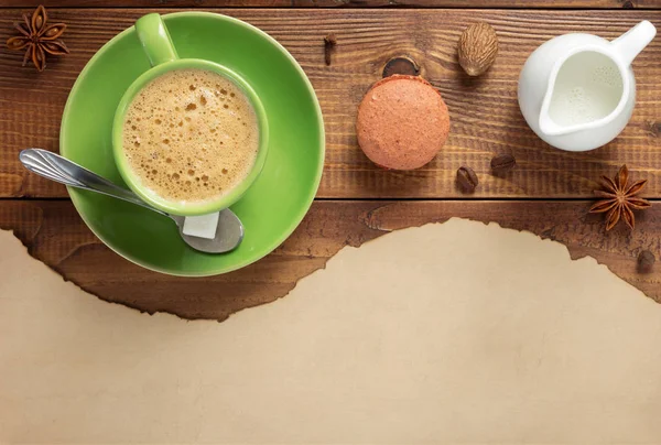 Kopje Koffie Ingrediënten Bij Houten Achtergrond Bovenaanzicht — Stockfoto