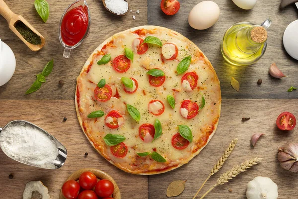 Пицца Продукты Питания Деревянным Столом Вид Сверху — стоковое фото