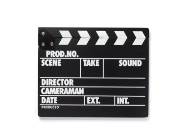 Film clapper tahtada beyaz arka plan, üstten görünüm