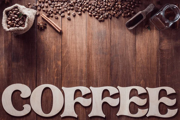 Coffee Letters Beans Wooden Background — Stock Photo, Image