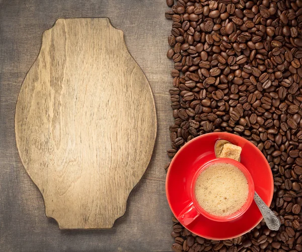Kaffee Konzept Tasse Und Bohnen Auf Holzgrund Draufsicht — Stockfoto